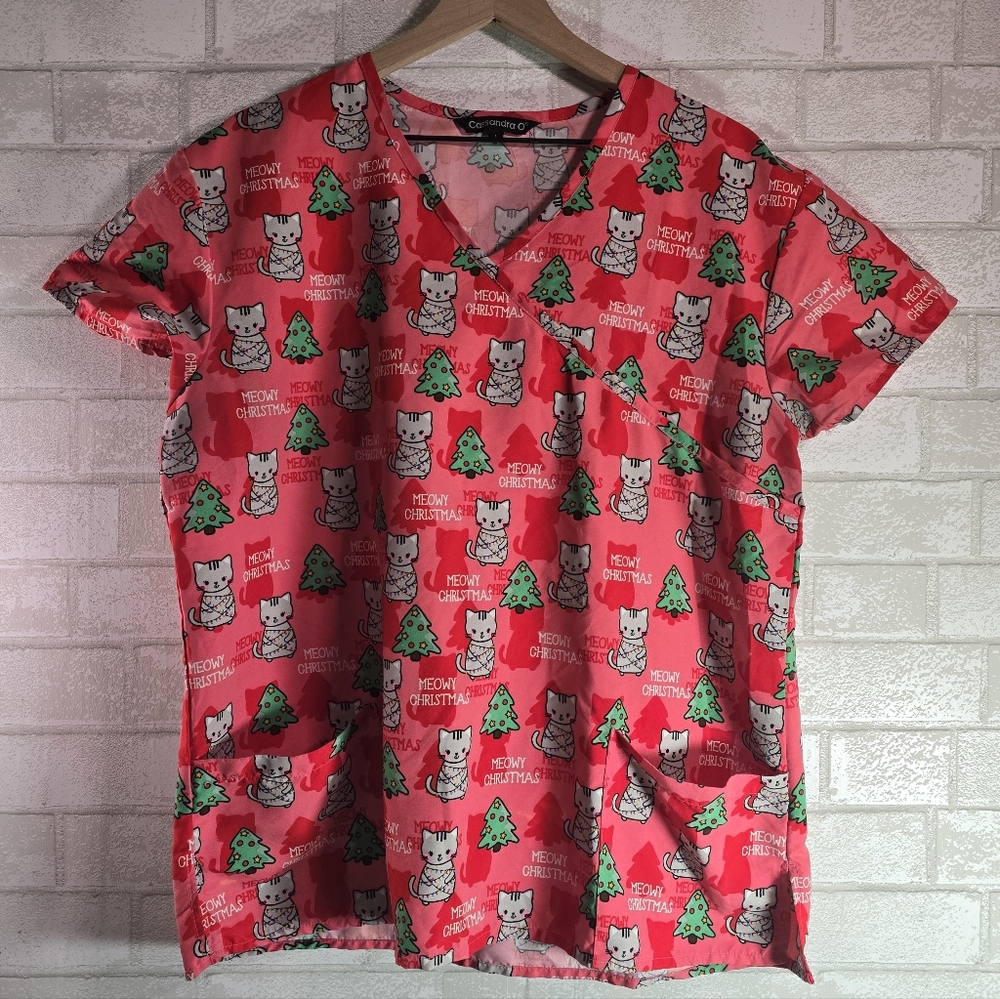 Meowy Christmas Cat Scrub Top Women's Pink Red Cute Cassandra O Size Large